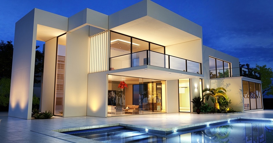 Villa contemporaine éclairée en soirée